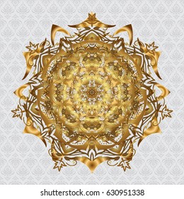 Vector sacred geometry round golden symbol with glowing stars on a gray background. Design for logo, game, cover, card.