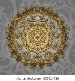 Vector sacred geometry round golden symbol with glowing stars on a gray background. Design for logo, game, cover, card.