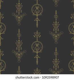 Vector sacred geometry seamless pattern. Aztec mystery signs background. Alchemy, astrology, esoteric, hipster symbol. Vector t shirt print, apparel, textile, fabric, wrapping paper, wallpaper.