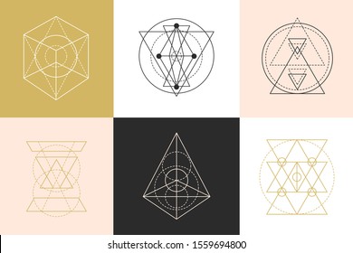 Vector sacred geometry shapes logotype designs set. Mono line minimal emblem, elegant modern abstract linear simple logo. Fashion Aztec mystery signs. Alchemy, astrology, esoteric, hipster symbols.