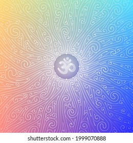 Vector sacred mandala with spiritual symbol Om. Complex graphic art with pattern of spirals. Power and energy of yoga and meditation. Shiny blue ornament on rainbow backdrop.