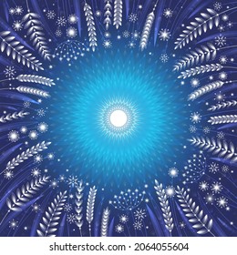 Vector sacred psychedelic mandala. Night sky with moon and crystal field plants.