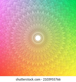 Vector sacred psychedelic mandala. Rainbow gradient sky with sun.