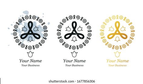 Logo circular sagrado vectorial para psicóloga, mujer, esotérico, estudio de belleza, cosmética, productos, astrología, yoga. Elementos místicos étnicos, letras, lirio femenino, antiguo símbolo del emblema empresarial