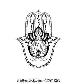 Vector sacred sign - hamsa, hand of Fatima. Indian hand drawn ethnic ornament. Amulet, protection of evil, good luck symbol