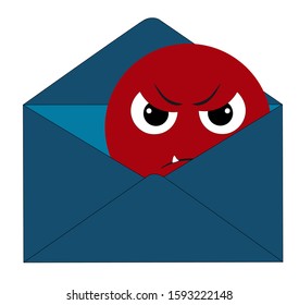 Vector sad, angry emoji emoticon face in email icon. Mail envelope with emoticon face. Vector illustration