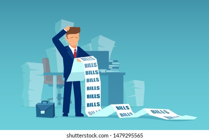 Vector Of A Sad Business Man Holding A Long List Of Financial Bills Feels Worried About Paying A Lot Of Money. 