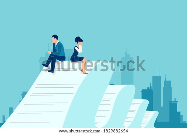 Vector of a sad business man\
and woman sitting on a very long contract document feeling\
desperate 