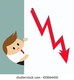 Vector of Sad Businessman pointing at growing down graph

