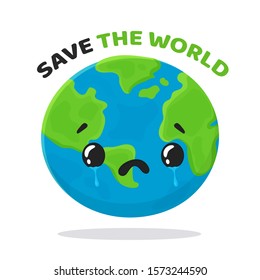 Vector sad cartoon globe under the text "Save the world" isolated on a white background.