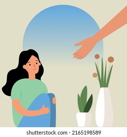 Carácter vectorial triste, depresión. Presta una mano de ayuda. Apoyo a los seres queridos. Ilustración plana colorida.