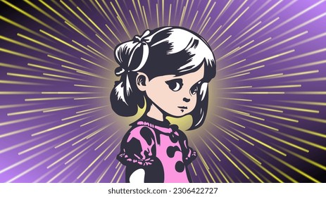 Vector sad cute beautiful kawaii cartoon little girl in a pink dress, on the background of a yellow hyper jump with rays.