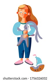 Vector sad daughter hold toy hare in hand. Depressed little girl feeling guilty,. Sail-boat on floor. Child show sadness emotion stand isolated on white background. Family quarrel, child psychology