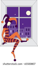 vector sad female harlequin sleeping on windowsill. urban landscape behind and a full moon