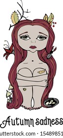 Vector sad girl with long hair. Vector drawing autumn branches, flowers, beetles, mushrooms. Vector inscription is autumn sadness. 