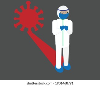 A vector of sad looking Covid-19 medical staff doing a prayer with corona virus shadow insight. There are high number of medical staff been infect by Covid-19.