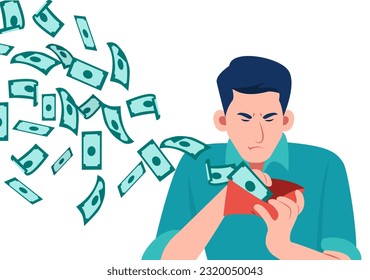 Vector of a sad man looking at his wallet with money dollar banknotes flying away