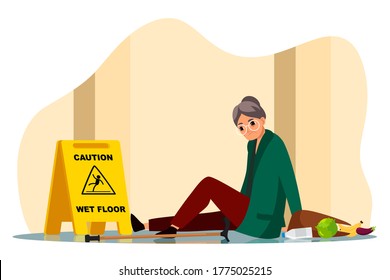 Vector Sad Mature Senior Woman Falling Down Sitting On Wet Floor Front Of Yellow Stop Ahead Warning Sign. Slipped Inattentive Aged Person. Crumbled From Shopping Bag Food. Accident In Supermarket