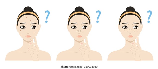 Vector triste bonitas mujeres piensan en la solución para tratar su piel. Niñas de dibujos animados con problemas cutáneos (acné, pecas) buscan un producto cosmético cuidado. Conjunto de iconos para la infografía de cuidados de la piel.