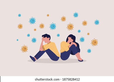 Vector of a sad unhappy depressed couple man and woman sitting back to back during COVID-19 pandemic 