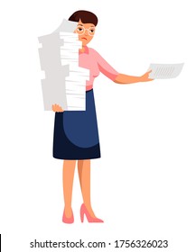 Vector triste infeliz, cansado y sobrecargado de trabajo mujer secretaria personaje con pila de documentos de papel de pie aislado en fondo blanco. La rutina del día laboral ocupado y la administración del tiempo. Burocracia