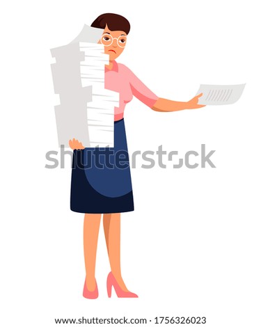 Vector sad unhappy tired overworked workloaded woman secretary character with paper document pile stack standing isolated on white background. Busy work day routine and time management. Bureaucracy