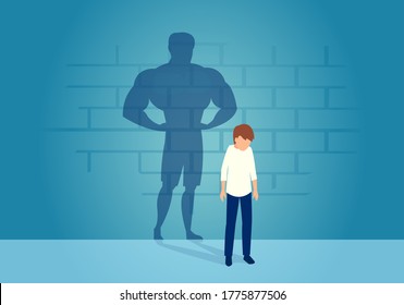 Vector Of A Sad Weak Man Teenager Standing Depressed In Front Of A Wall With His Strong Shadow Of Himself