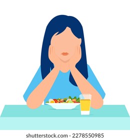 Vector of a sad young woman with no appetite for a new diet food 