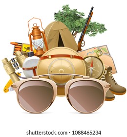 Vector Safari Concept with Sun Glasses isolated on white background