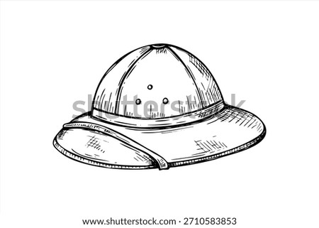 Vector safari or jungle hat line art black ink sketch. Vietnam pith helmet monochrome illustration. Camping hat hand drawing for historical themes, safari adventures, and travel to Southeast Asia.
