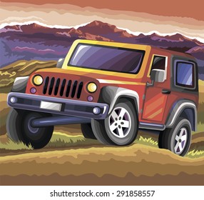 vector safari  red car . sunset landscape. painted colors red car
	
