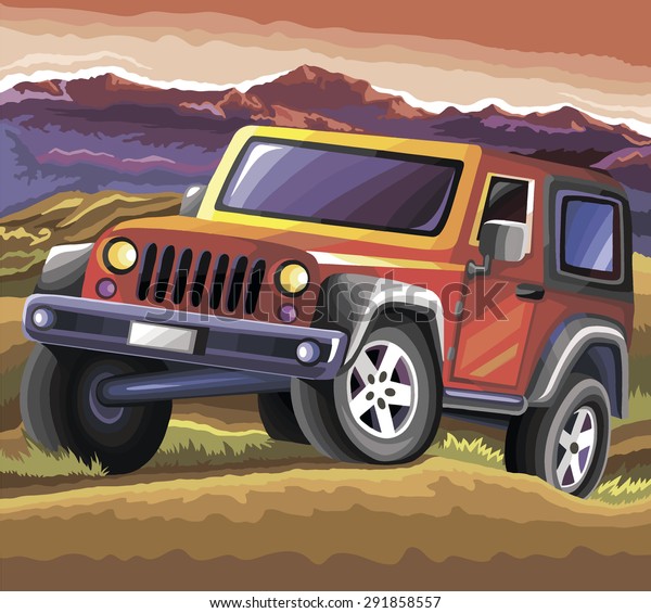 vector safari  red car . sunset landscape.\
painted colors red\
car\
	\
