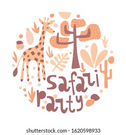 Vector  Safari Round Pattern with Giraffes and savannah landscape. Be wild