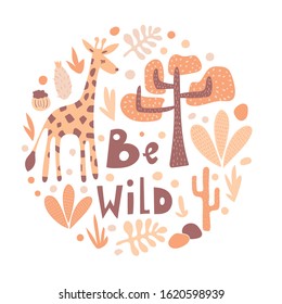 Vector  Safari Round Pattern with Giraffes and savannah landscape. Be wild