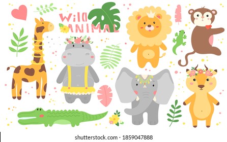 Vector Safari Set of African Animals,Leaves in Flat Hand Drawn style.Kid's Collection of Cute Characters for Design,Gift Cards,Web.Isolated on white background.Baby illustration of Mammals in Jungle.