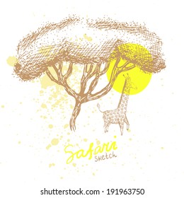 Vector safari sketch with tree, giraffe and sun on the white background with splashes