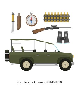 Vector Safari Travel Compass, Rifle, Binoculars And Jeep Car.