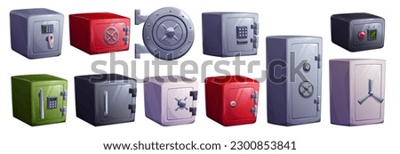 Vector safe box set for money with close door. 3d deposit steel vault icon with locker security. Isolated cartoon metal storage for treasure on white background with secret code combination.