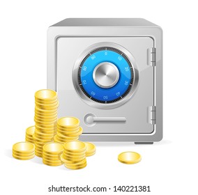 Vector safe with gold coins.