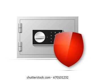 Vector safe shield image. Armored box background. Door bank vault & mechanical combination lock. Reliable Data Protection. Long-term savings. Deposit box shield icon.Protection of personal information