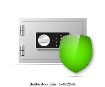 Vector safe shield image. Armored box background. Door bank vault & mechanical combination lock. Reliable Data Protection. Long-term savings. Deposit box shield icon.Protection of personal information