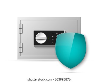 Vector safe shield image. Armored box background. Door bank vault & mechanical combination lock. Reliable Data Protection. Long-term savings. Deposit box shield icon.Protection of personal information