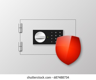 Vector safe shield image. Armored box background. Door bank vault & mechanical combination lock. Reliable Data Protection. Long-term savings. Deposit box shield icon.Protection of personal information