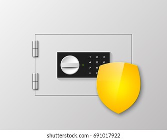 Vector safe shield image. Armored box background. Door bank vault & mechanical combination lock. Reliable Data Protection. Long-term savings. Deposit box shield icon.Protection of personal information