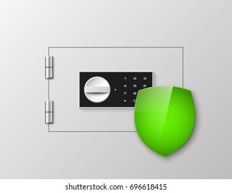 Vector safe shield image. Armored box background. Door bank vault and mechanical combination lock. Reliable Data Protection. Long-term savings. Deposit box shield icon.Protection of personal information