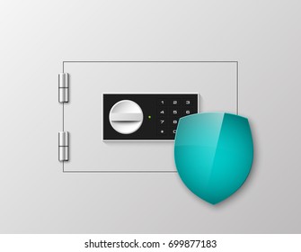 Vector safe shield image. Armored box background. Door bank vault & mechanical combination lock. Reliable Data Protection. Long-term savings. Deposit box shield icon.Protection of personal information