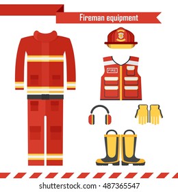 Vector safety equipment. Red high visibility protection wear for firefighter and fireman. Fire suit, vest, helmet, mask and boots. Flat cartoon illustration. Objects isolated on white background.