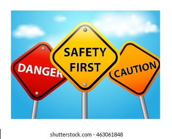 Vector safety first/ danger/ caution traffic sign on blue sky