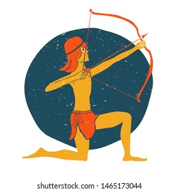 Vector sagittarius zodiac sign original design. Handsome young man shooting archery. Can be used for poster, greeting card, birthday party, invitation. Vector illustration