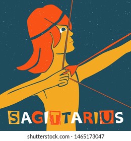 Vector sagittarius zodiac sign original design. Handsome young man shooting archery. Can be used for poster, greeting card, birthday party, invitation. Vector illustration